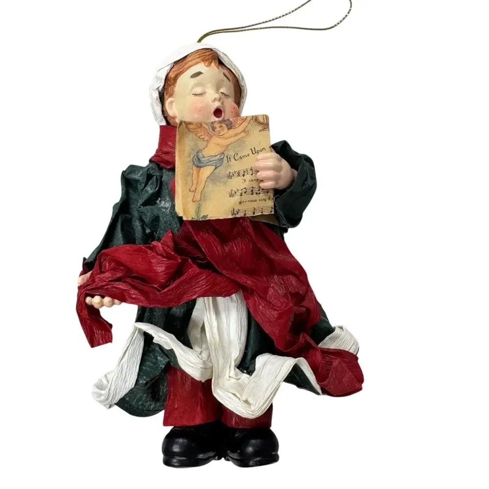 Vintage Paper Mache Christmas Caroler Tree Ornament Holiday Decoration Green